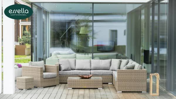 Essella Polyrattan Tisch mit Glasplatte "Miami" : hellbraun : halbrundgeflecht : gartenmode.de